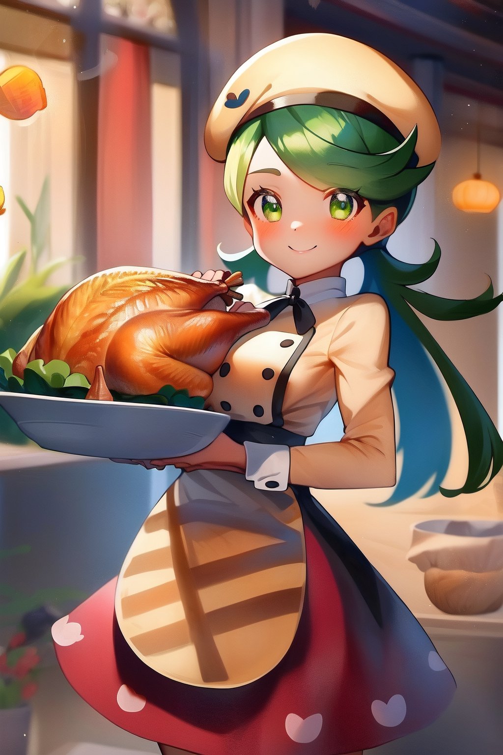 mallow, smile, green eyes, green hair, medium breasts, beige headwear, buttons, brown apron, red skirt, beige shirt, carrying thanksgiving turkey