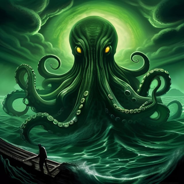 Step into the realm of darkness and cosmic horror as you unveil the chilling presence of the ancient octopus-faced creature, Cthulhu, on a dark and eerie night. Portray this colossal and malevolent being emerging from the depths of the sea, towering over the landscape with its immense size and grotesque appearance. Utilize a horror-style composition, shrouding the scene in shadows and dim moonlight, which barely reveals the nightmarish details of Cthulhu's terrifying form. The creature's tentacles should writhe menacingly, while its piercing eyes exude an otherworldly aura. Pay attention to the terrified expressions of any onlookers, who are mere witnesses to the unimaginable horror before them. The artwork should evoke a sense of dread and helplessness, emphasizing the insignificance of humanity in the face of such a formidable cosmic entity. Let the atmosphere of fear and uncertainty draw viewers into the depths of this eldritch nightmare, where the line between reality and the unknown is blurred,arcane