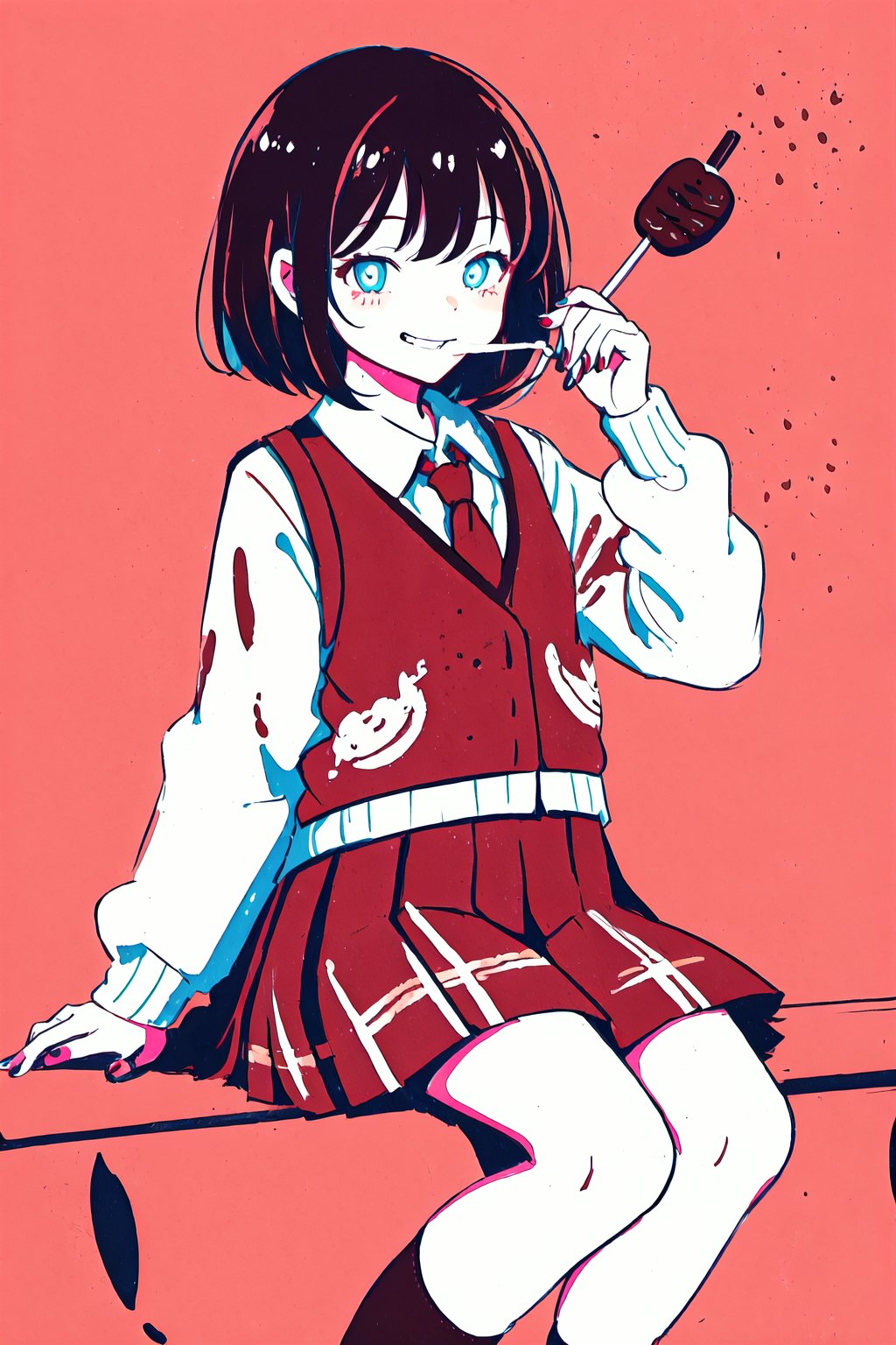 1girl, (drinking coffee:1.4), detailed cute face, asymmetrical bob, fractal art, (schoolgirl uniform:1.2) (slouch socks), painted nails, small lollipop, smug grin,  gum, candy, sign, donut, high detailed, intricate, red hue, limited palette, Illustration, Character Design, Watercolor, Ink, thematic background, ambient environment, epic,candy style,perfect eyes,face