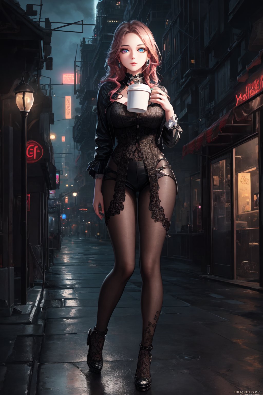 best quality, (best quality, masterpiece, beautiful detailed eyes, detailed face, oval face:1.3), (ultra high res, 8k, cg, unreal engine), (1girl), fractal art, (futuristic city, gothic, neon, at night, street lights, flying ships), (((drinking coffee))), fantasy, coffee, colorful, full body view