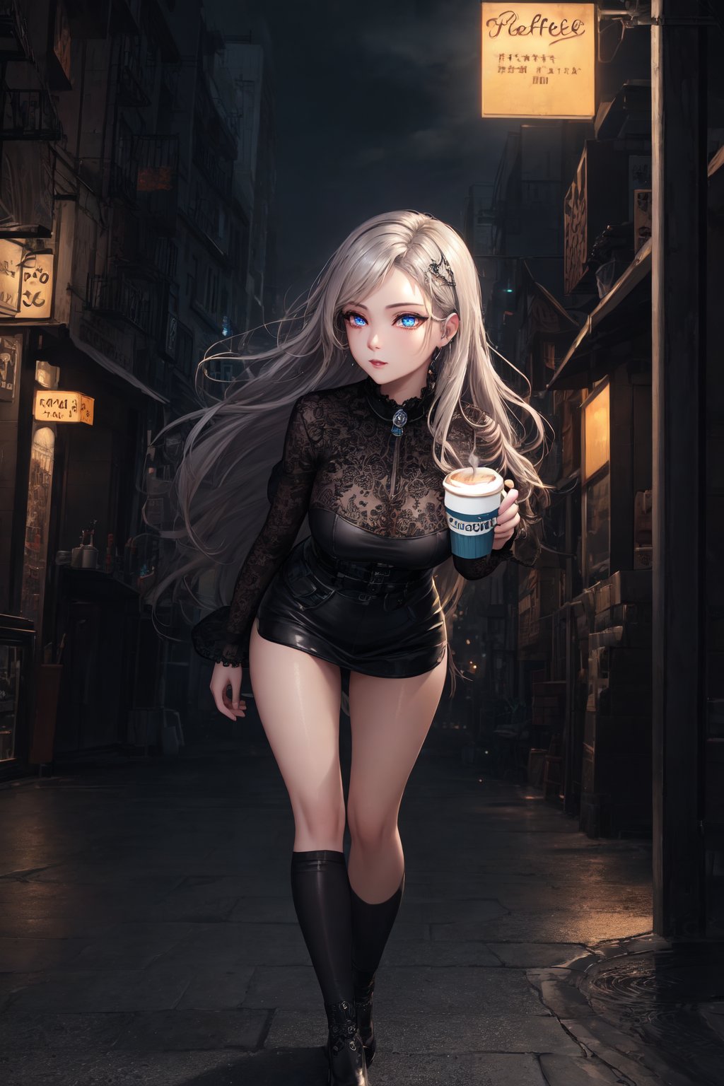 best quality, (best quality, masterpiece, beautiful detailed eyes, detailed face, oval face:1.3), (ultra high res, 8k, cg, unreal engine), (1girl), fractal art, (futuristic city, gothic, neon, at night, street lights, flying ships), (((drinking coffee))), fantasy, coffee, colorful, full body view