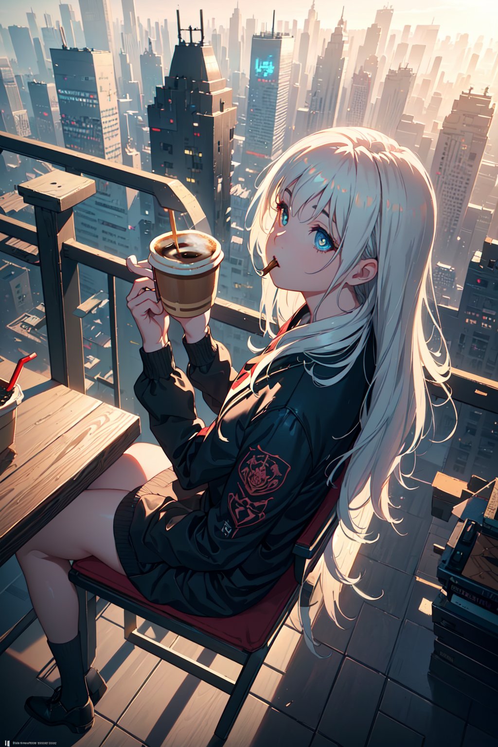 (best quality, masterpiece, beautiful detailed eyes, detailed face), (ultra high res, 8k wallpaper, highly detailed cg, unreal engine, octane render, hdr, cinematic, trending on artstation), (((1girl))), fractal art, (flying in the air while sipping coffee, top angle, above view, futuristic city below), (((drinking coffee))), fantasy, colorful, full body