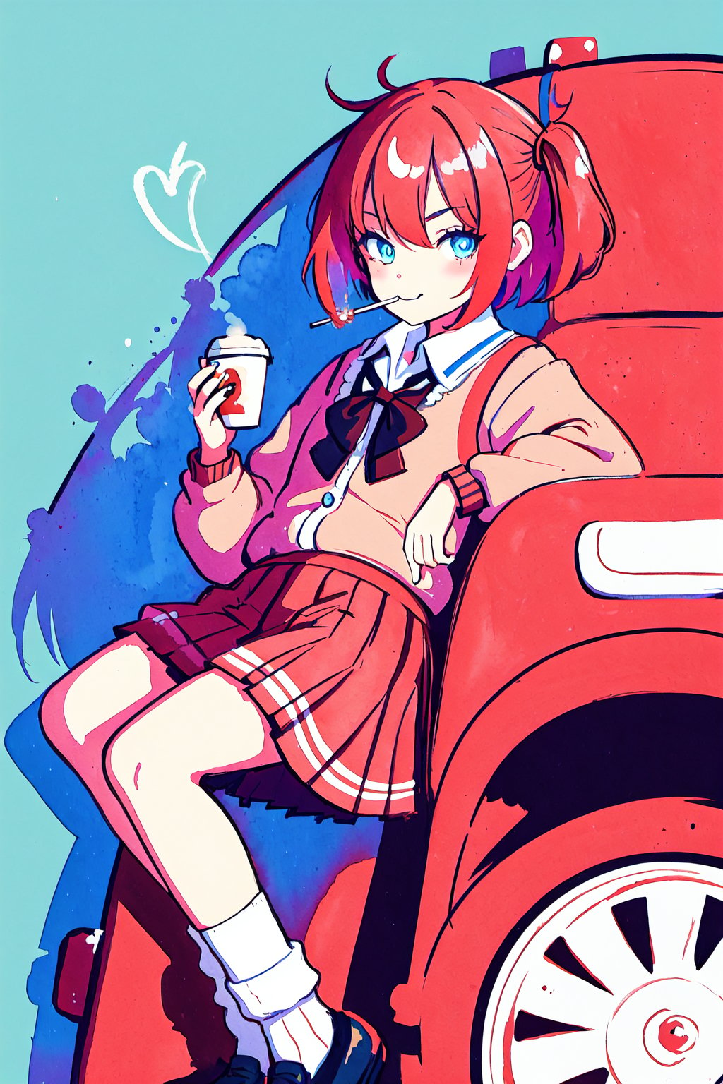 1girl, (drinking coffee:1.4), detailed cute face, asymmetrical bob, fractal art, (schoolgirl uniform:1.2) (slouch socks), painted nails, small lollipop, smug grin,  gum, candy, sign, donut, high detailed, intricate, red hue, limited palette, Illustration, Character Design, Watercolor, Ink, thematic background, ambient environment, epic,candy style,perfect eyes,face