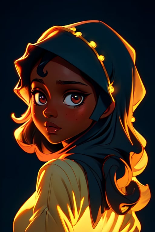 (best quality, masterpiece), 1girl, dj, dark skin, curly hair, hijab, backlighting,