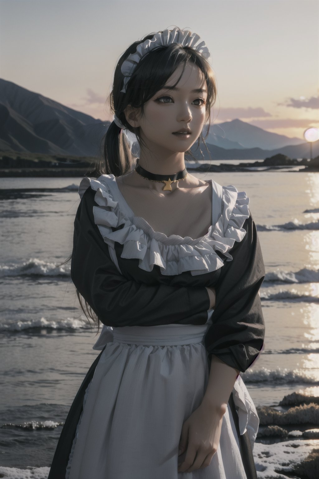 1girl, gray hair, tall, flat chest,neutral face, Delicate white skin tone, black lips, low twintails, realistic, gold eyes,  black choker, maid headdress, maid apron, long sleeves, enmaided, black dress, puffy sleeves, collared dress, white apron, juliet sleeves, ascot, frilled apron, forest, snow, dark atmosphere, sunset,perfecteyes,perfecteyes, mountains, ocean