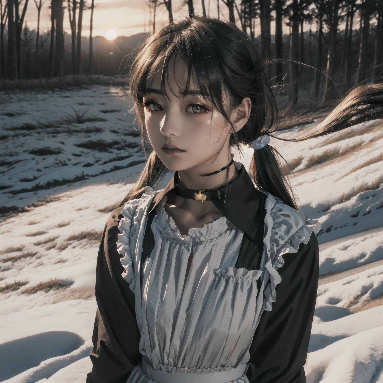 1girl, gray hair, tall, flat chest, sad face, Delicate white skin tone, black lips, low twintails, realistic, gold eyes,  black choker, maid headdress, maid apron, long sleeves, enmaided, black dress, puffy sleeves, collared dress, white apron, juliet sleeves, ascot, frilled apron, forest, snow, dark atmosphere, sunset,perfecteyes,perfecteyes, dynamic angle