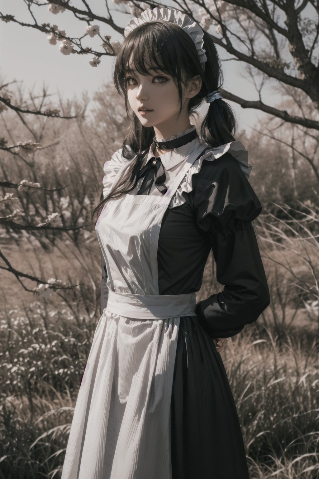 1girl, gray hair, tall, flat chest,neutral face, Delicate white skin tone, black lips, low twintails, realistic, gold eyes,  black choker, maid headdress, maid apron, long sleeves, enmaided, black dress, puffy sleeves, collared dress, white apron, juliet sleeves, ascot, frilled apron, dark atmosphere, sunset,perfecteyes,perfecteyes, sakura tree