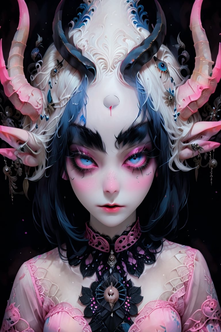 (Viewed from front), facing the viewer,,1 albino demon girl with   sleepy smokey blue eyes,((straight black hair)) ,    demon girl ,  (  intricate   horns:1.2), ,highly detaild face,, , ((wearing a chromatic pink lace blouse)),perfect face,detaild eyes,  , parted black lips,beautiful detaild eyes,.  ,  ,   best quality,, highest quality, extremely detailed CG unity 8k wallpaper, detailed and intricate,
 ,  , in the style of esao andrews,more detail XL,colorful