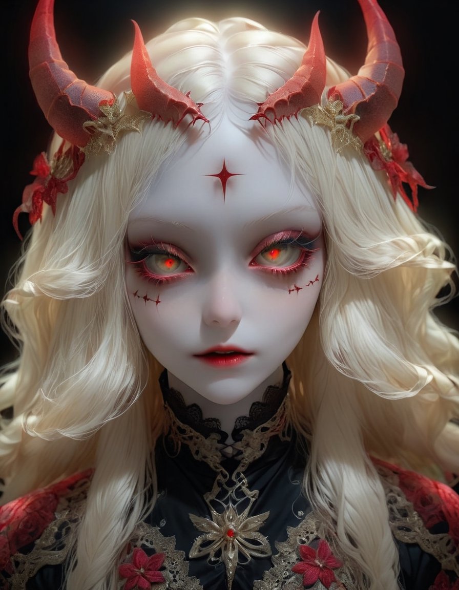 (Viewed from front), facing the viewer,,1 albino demon girl with lethargic sleepy smokey eyes,(long blonde hair), (blonde hair )) ,pale demon girl , (prismatic coloring),  (long  golden horns prismatic coloring :1.2  ),holographic vibe, intricate details,(chromatic red lace blouse),perfect face,detaild eyes, ,, parted, (( black lips)),,beautiful detaild eyes,gothic background,,,highly detaild eyes,   ,   ,   ,  ,   best quality,, highest quality, extremely detailed CG unity 8k wallpaper, detailed and intricate,

 ,  