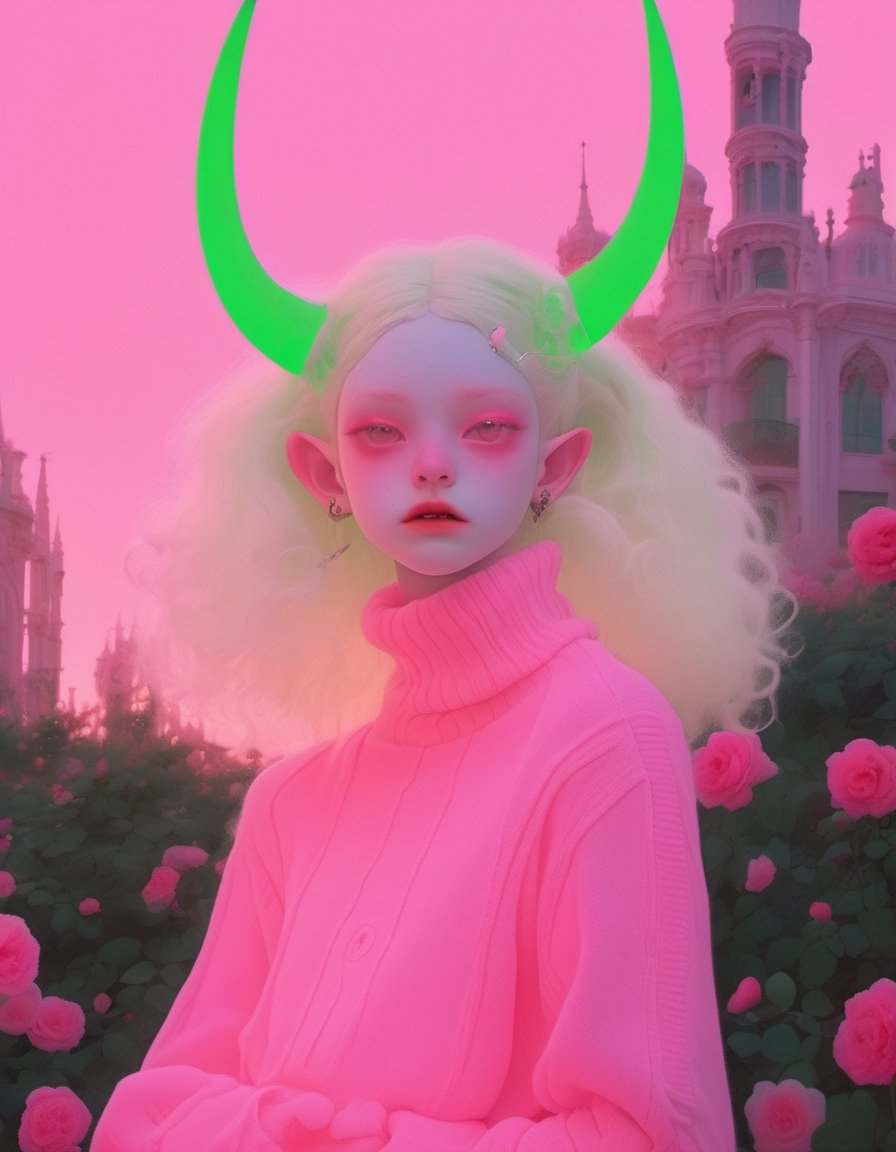 albino demon girl standing with ( green curls hair:1.3) , walking through pink rose bushes and castle in the distance,(beautiful face ),neon pink turtleneck sweater with tulle skirt, braces, chewing gum , winking ,(long intricate horns:1.2) , sneakers with socks, 