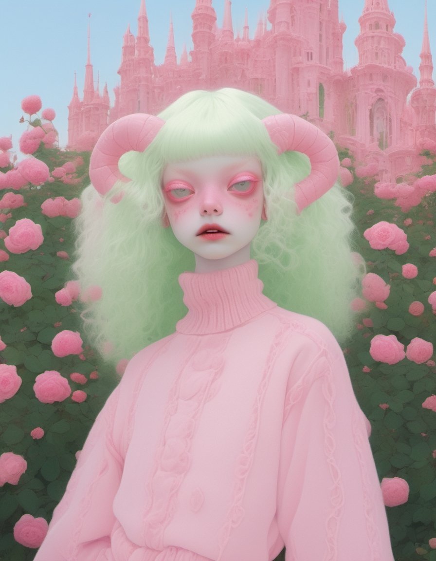 albino demon girl standing with ( green curls hair:1.3) , walking through pink rose bushes and castle in the distance, pink turtleneck sweater with tulle skirt, braces, chewing gum , winking ,(long intricate horns:1.2) , sneakers with socks, 