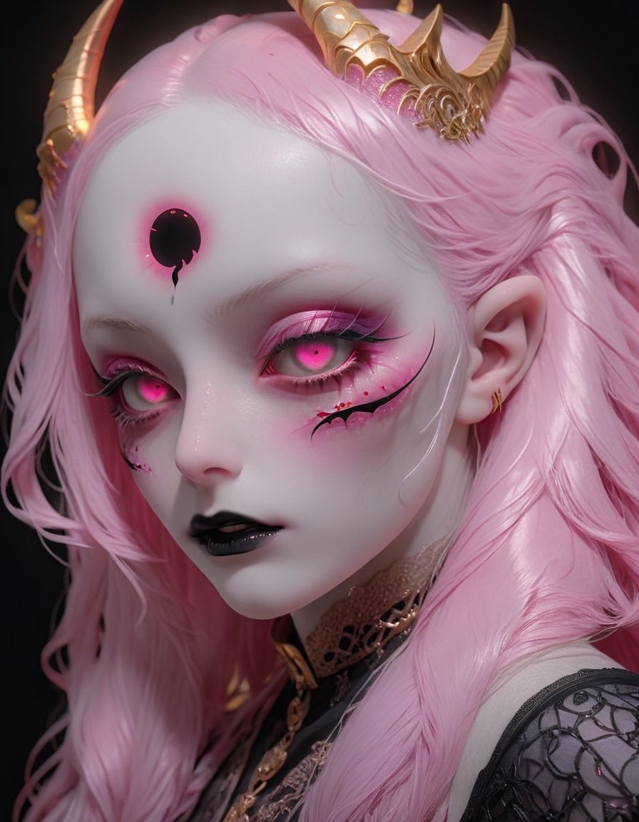 (Viewed from front), facing the viewer,,1 albino demon girl with lethargic sleepy smokey eyes,long pink hair, ((pink hair )) ,pale demon girl , prismatic coloring,  (long intricate golden horns prismatic coloring :1.2  ),holographic vibe, chromatic black lace blouse,perfect face,detaild eyes, ,, parted, (( black lips)),,beautiful detaild eyes,gothic background,,,highly detaild eyes,   ,   ,   ,  ,   best quality,, highest quality, extremely detailed CG unity 8k wallpaper, detailed and intricate,

 ,  