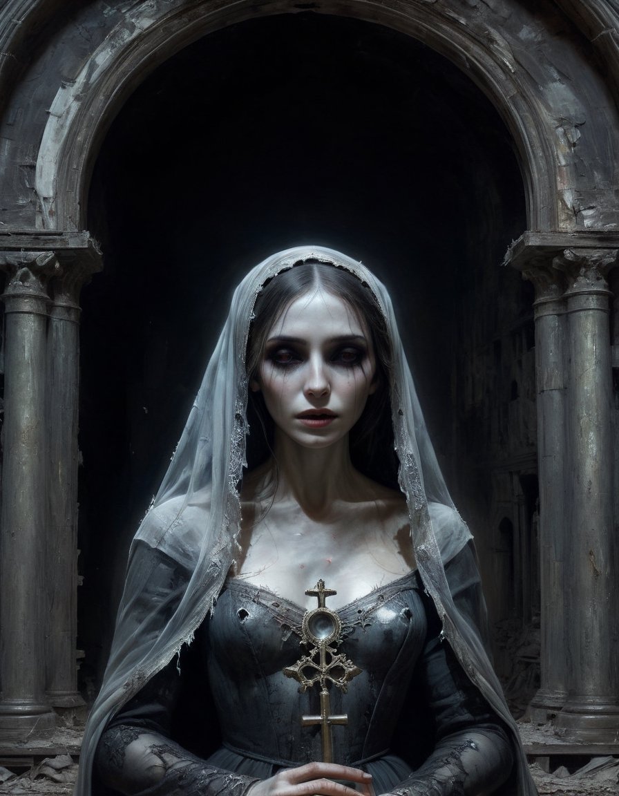 A close up painting of a  beautiful ghost woman   in a decrepit church,  ruined church,, highly detaild,, creepy women ,  impressionist, detaild background,,  Gothic atmosphere,highly detaild,  intricate details, concept art,in the style of nicola samori 