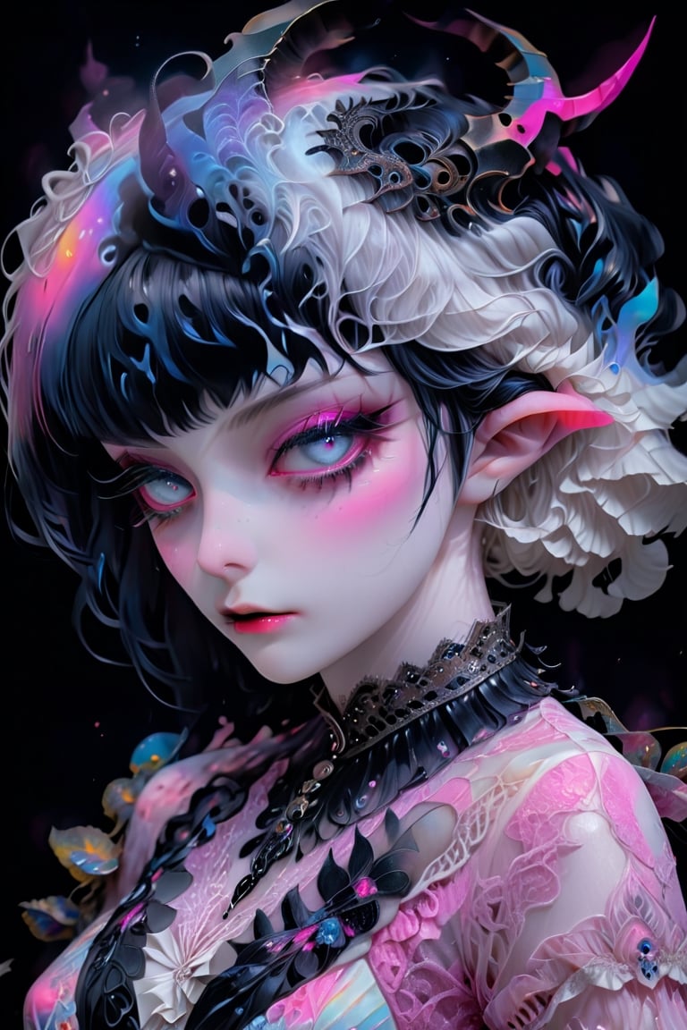 (Viewed from front), facing the viewer,,1 albino demon girl with   sleepy smokey blue eyes,((straight black hair)) ,    demon girl ,  (  intricate   horns:1.2),prismatic coloring,highly detaild face,,holographic vibe, ((wearing a chromatic pink lace blouse)),perfect face,detaild eyes,  , parted black lips,beautiful detaild eyes,gothic background,, ,  ,   best quality,, highest quality, extremely detailed CG unity 8k wallpaper, detailed and intricate,
 ,  , in the style of esao andrews,more detail XL,colorful