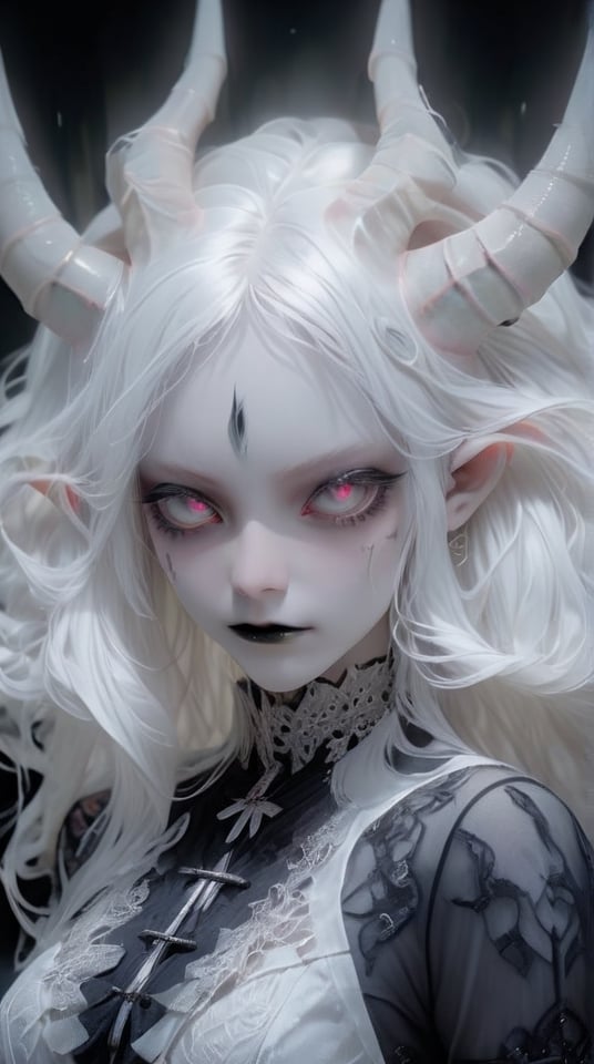 (Viewed from front), facing the viewer,,1 albino demon girl with   sleepy smokey eyes,long hair,  ,pale demon girl , white hair (prismatic coloring),  (long intricate horns:1.2),holographic vibe, chromatic black lace blouse,perfect face,detaild eyes,  , parted lips,beautiful detaild eyes,gothic background,, ,  ,   best quality,, highest quality, extremely detailed CG unity 8k wallpaper, detailed and intricate,

 ,  