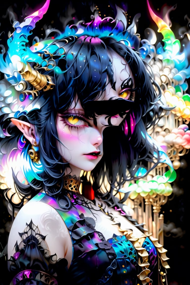 (Viewed from front), facing the viewer,,1   demon girl with   sleepy smokey blue eyes,straight black hair (prismatic coloring),  ,pale demon girl ,  ,  (  intricate golden horns:1.2),(prismatic coloring),highly detaild face,,  wearing a chromatic pink lace blouse,perfect face,detaild eyes,  vibrent smoke ,   black lips, ,gothic background,, ,  ,   best quality,, highest quality, extremely detailed CG unity 8k wallpaper, detailed and intricate,

 ,  , in the style of esao andrews,more detail XL,colorful