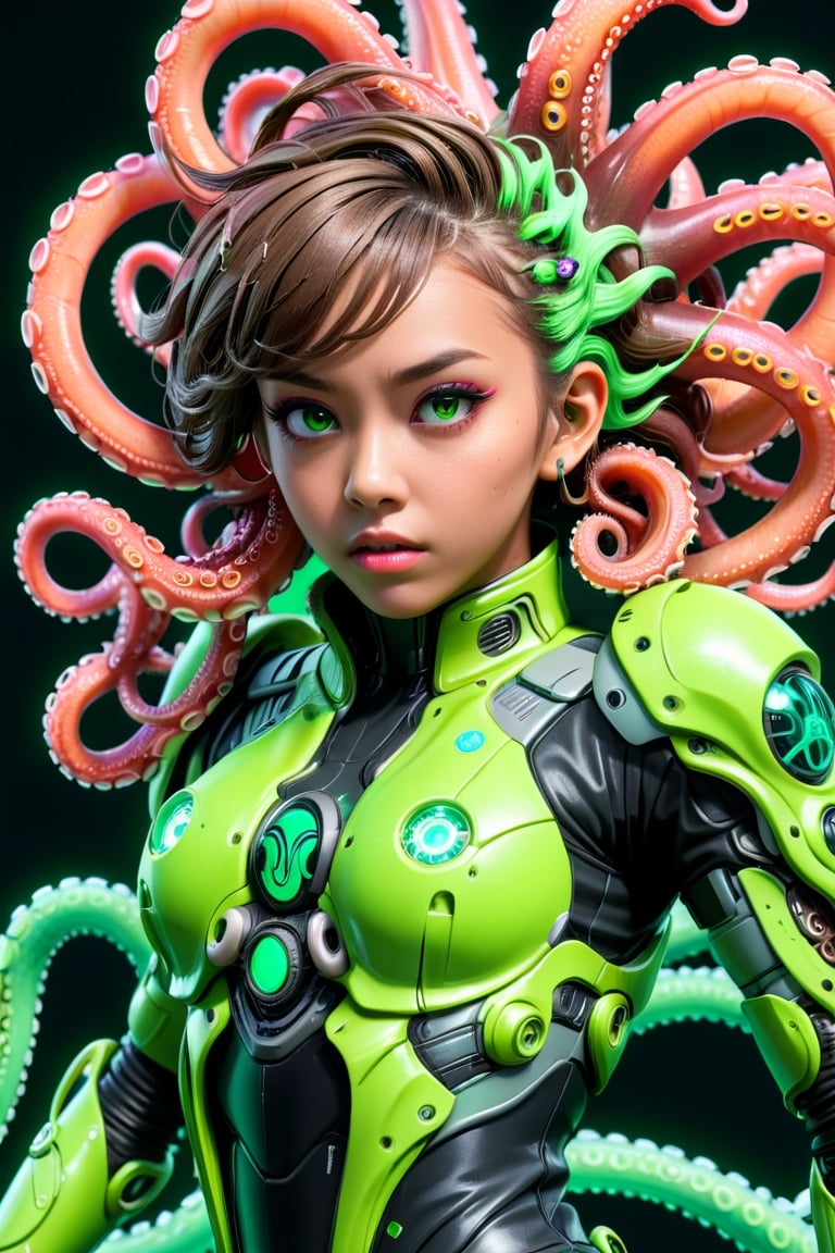 4K resalotion ,close-up, (masterpiece),  ,viewed_from_front, ((neon green )),((1 girl with tentacle hair )),tentacle hair , highly detaild brown tentacles engulfing the face, octopus ,  perfect face,  tentacles around the face ,front view , heavy armour ,,, facing the viewer ,   strong neon colours, full body   heavy  armour ,  ,short    ,     , , futuristic ,full body ,,  wearing  , sci-fi, mecha     armour   , simple   background ,  , realistic animi girl ,more detail XL  , 