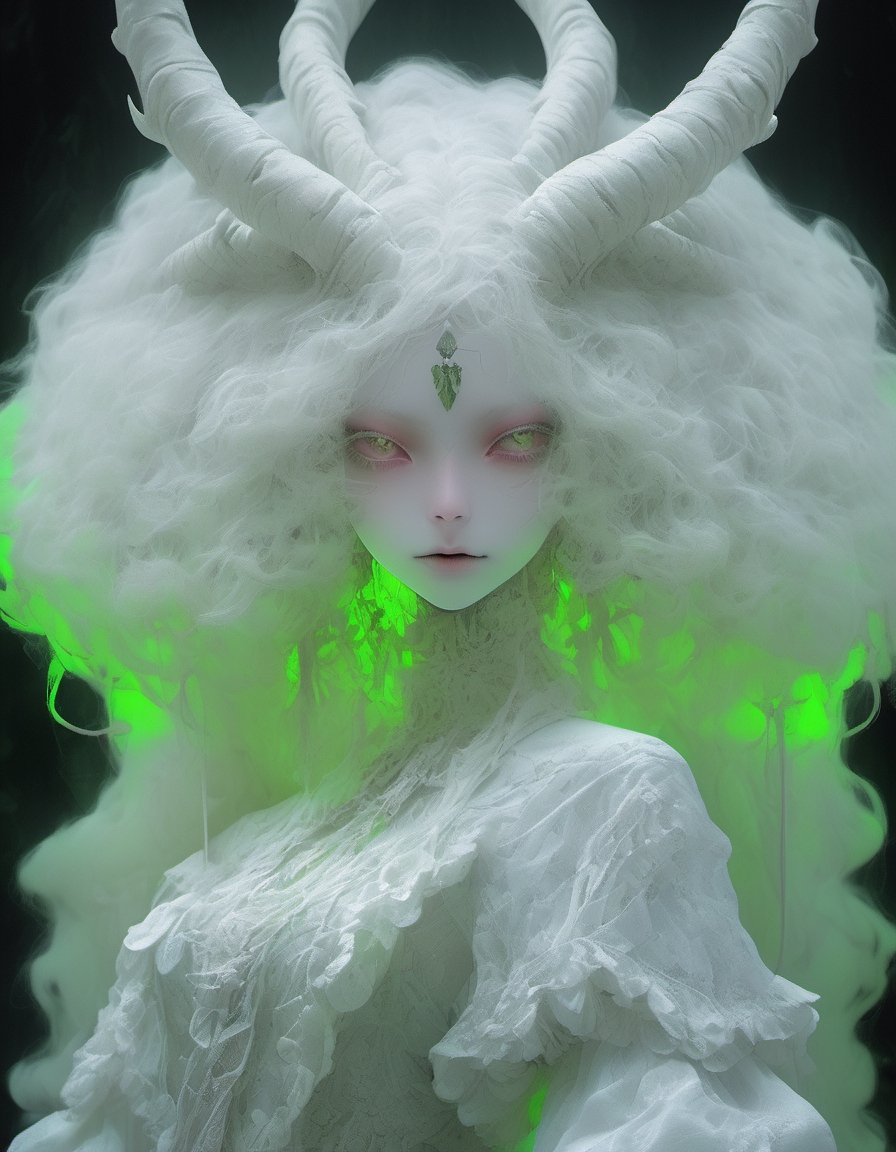 albino demon girl with lethargic sleepy smokey eyes, white curls, long curly neon green hair,, insect eyes,  beautiful face ,   fishnet blouse, (long intricate horns:1.2)  ,   best quality,green eyes, upper body, flower, parted lips, highest quality, extremely detailed CG unity 8k wallpaper, detailed and intricate,

 ,  