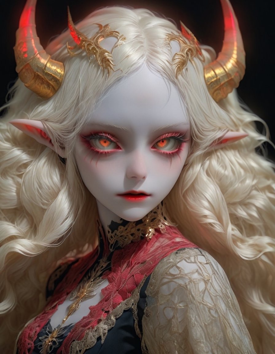 (Viewed from front), facing the viewer,,1 albino demon girl with lethargic sleepy smokey eyes,(long blonde hair), (blonde hair )) ,pale demon girl , (prismatic coloring),  (long  golden horns prismatic coloring :1.2  ),holographic vibe, intricate details,chromatic red lace blouse,perfect face,detaild eyes, ,, parted, (( black lips)),,beautiful detaild eyes,gothic background,,,highly detaild eyes,   ,   ,   ,  ,   best quality,, highest quality, extremely detailed CG unity 8k wallpaper, detailed and intricate,

 ,  