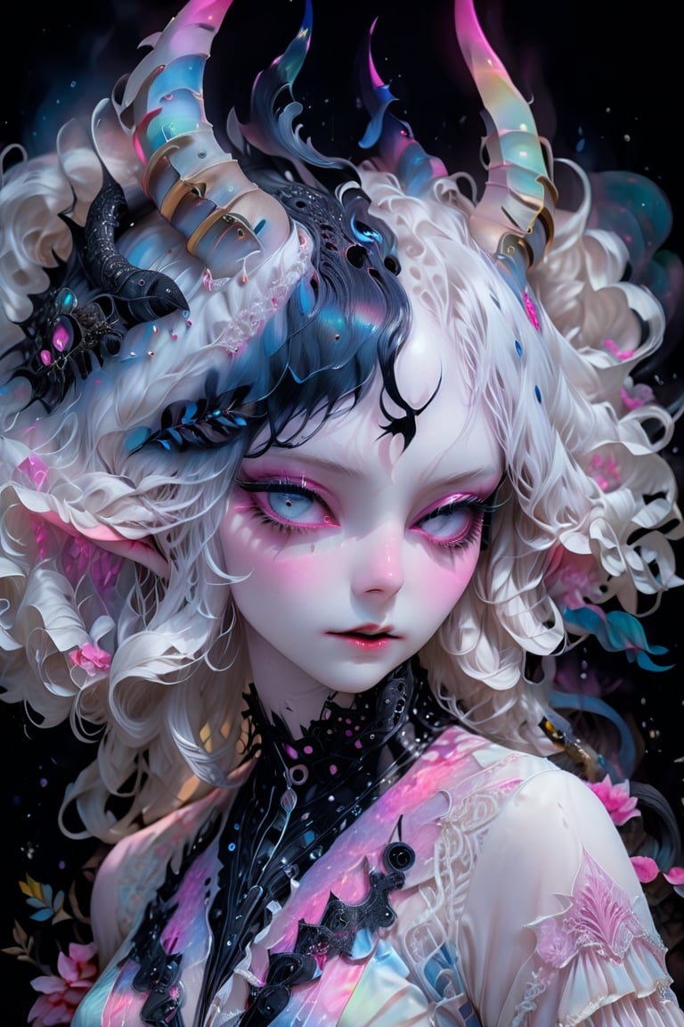 (Viewed from front), facing the viewer,,1 albino demon girl with   sleepy smokey blue eyes,((long black hair)) ,  pale demon girl ,  (  intricate   horns:1.2),(prismatic coloring),highly detaild face,,holographic vibe, ((wearing a chromatic pink lace blouse)),perfect face,detaild eyes,  , parted black lips,beautiful detaild eyes,gothic background,, ,  ,   best quality,, highest quality, extremely detailed CG unity 8k wallpaper, detailed and intricate,
 ,  , in the style of esao andrews,more detail XL,colorful