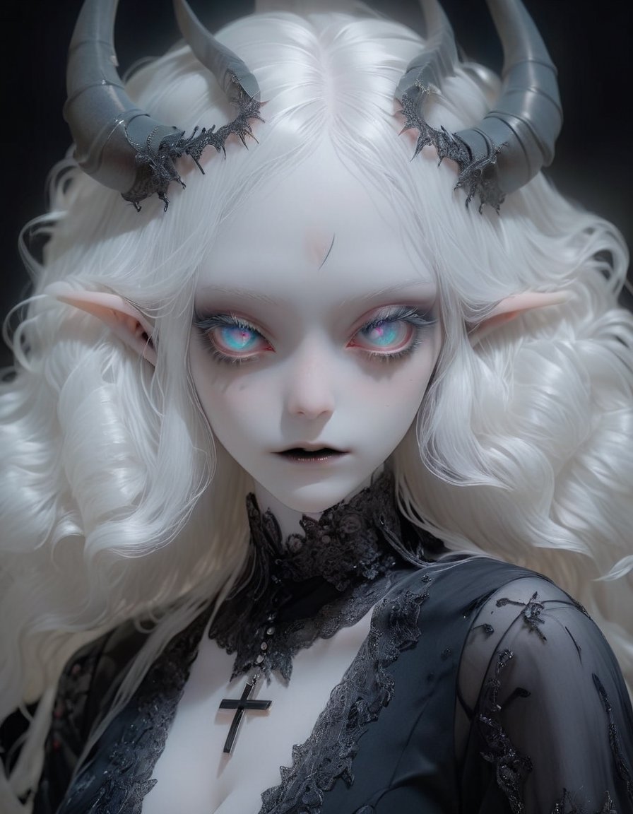 (Viewed from front), facing the viewer,,1 albino demon girl with lethargic sleepy smokey eyes,long hair,pale ,pale demon girl , prismatic coloring,  (long intricate horns:1.2),holographic vibe, chromatic black lace blouse,perfect face,detaild eyes,  , parted lips,beautiful detaild eyes,gothic background,,,highly detaild eyes,   ,   ,   ,  ,   best quality,, highest quality, extremely detailed CG unity 8k wallpaper, detailed and intricate,

 ,  