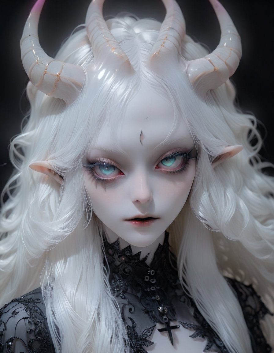 (Viewed from front), facing the viewer,,1 albino demon girl with lethargic sleepy smokey eyes,long hair,pale ,pale demon girl , prismatic coloring,  (long intricate horns:1.2),holographic vibe, chromatic black lace blouse,perfect face,detaild eyes,  , parted lips,beautiful detaild eyes,gothic background,,,highly detaild eyes,   ,   ,   ,  ,   best quality,, highest quality, extremely detailed CG unity 8k wallpaper, detailed and intricate,

 ,  