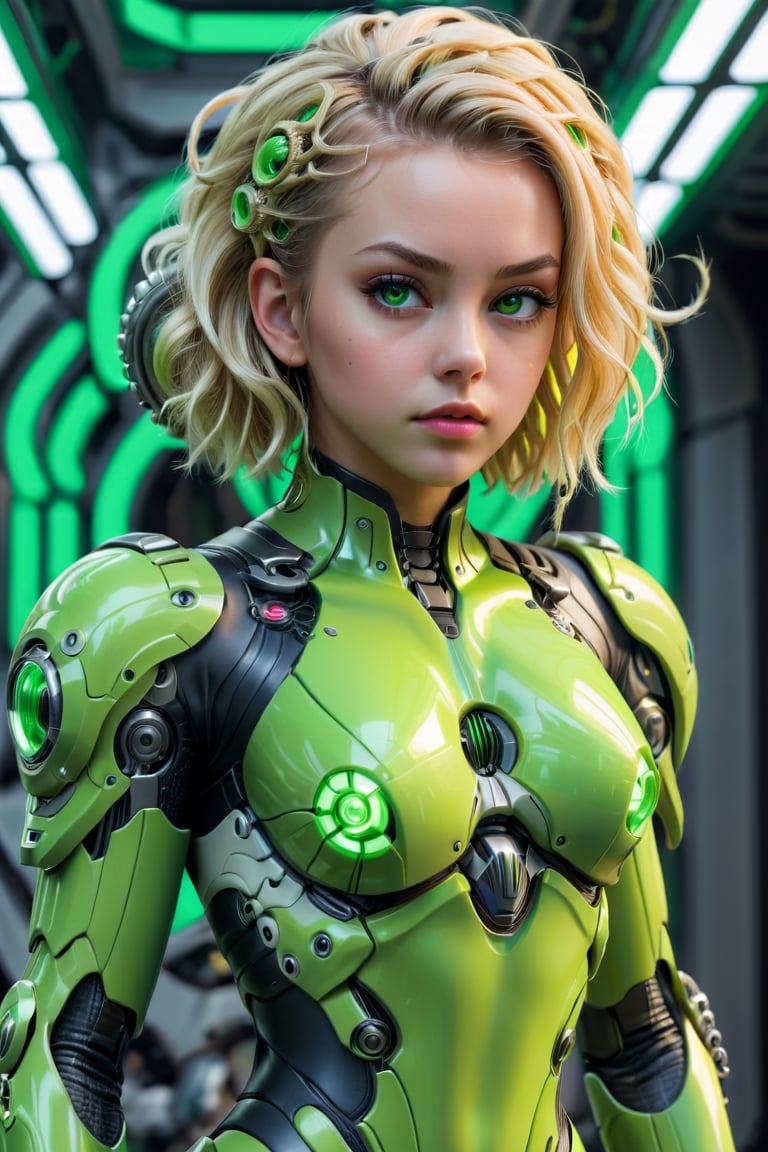 4K resalotion ,close-up, (masterpiece),full body ,viewed_from_front, ((neon green )),  perfect face,  tentacles around the face, octopus ,  1 beautiful  girl front view , heavy armour ,,, facing the viewer ,    full body   heavy  armour ,  ,short   blonde hair,     ,perfect face, futuristic ,full body ,,  wearing  , sci-fi, mecha     armour   , simple   background ,vibrant colours  , realistic animi girl ,more detail XL  ,