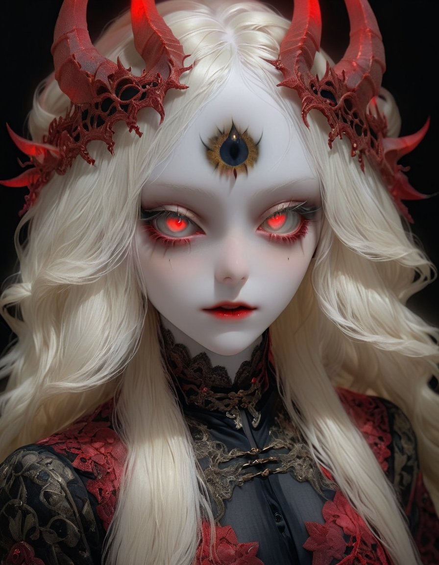 (Viewed from front), facing the viewer,,1 albino demon girl with lethargic sleepy smokey eyes,(long blonde hair), (blonde hair )) ,pale demon girl , (prismatic coloring),  (long  golden horns prismatic coloring :1.2  ),holographic vibe, intricate details,(chromatic red lace blouse),perfect face,detaild eyes, ,, parted, (( black lips)),,beautiful detaild eyes,gothic background,,,highly detaild eyes,   ,   ,   ,  ,   best quality,, highest quality, extremely detailed CG unity 8k wallpaper, detailed and intricate,

 ,  