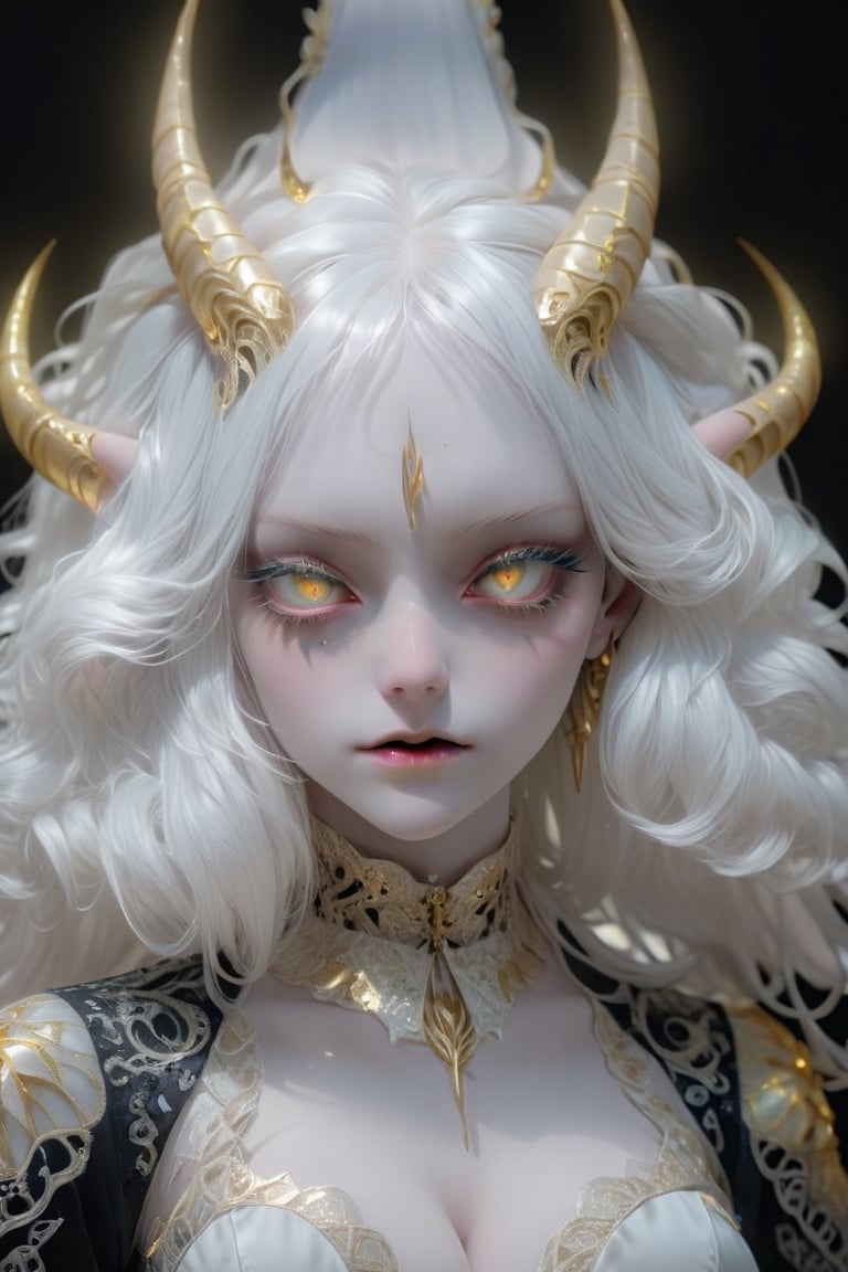 (Viewed from front), facing the viewer,,1 albino demon girl with   sleepy smokey eyes,long hair,  ,pale demon girl , white hair (prismatic coloring),  (  intricate golden horns:1.2)highly detaild face,,holographic vibe, wearing a chromatic black lace blouse,perfect face,detaild eyes,  , parted lips,beautiful detaild eyes,gothic background,, ,  ,   best quality,, highest quality, extremely detailed CG unity 8k wallpaper, detailed and intricate,

 ,  