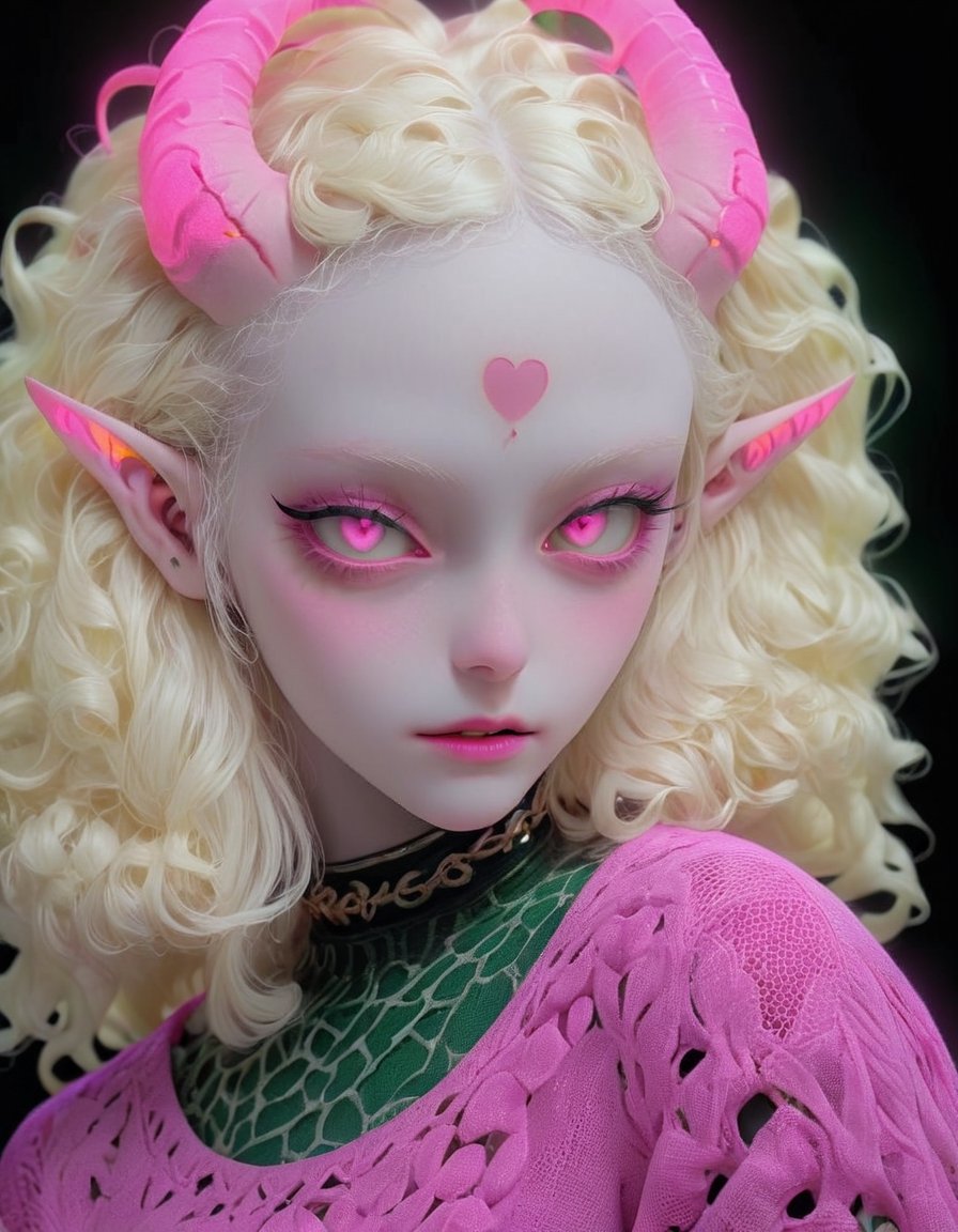 (Viewed from front), facing the viewer,,1 albino demon girl with lethargic sleepy smokey eyes, blonde curls,pale skin,long   blonde hair,,yellow hair,highly detaild eyes,  beautiful face ,beautiful face, 2neon pink horns,fishnet neon purple sweater , (long intricate horns:1.2)  ,   best quality,green eyes,  , parted lips, highest quality, extremely detailed CG unity 8k wallpaper, detailed and intricate,

 ,  