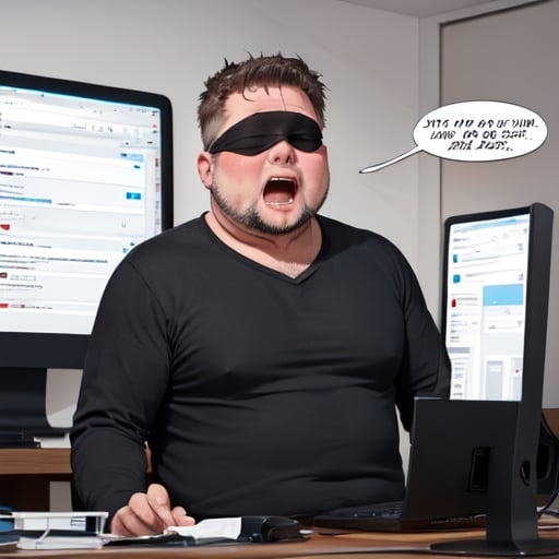 monitor, middle aged fat man, drooling, blindfold, black blindfold, ItsAllFuckingLewdsMeme, 