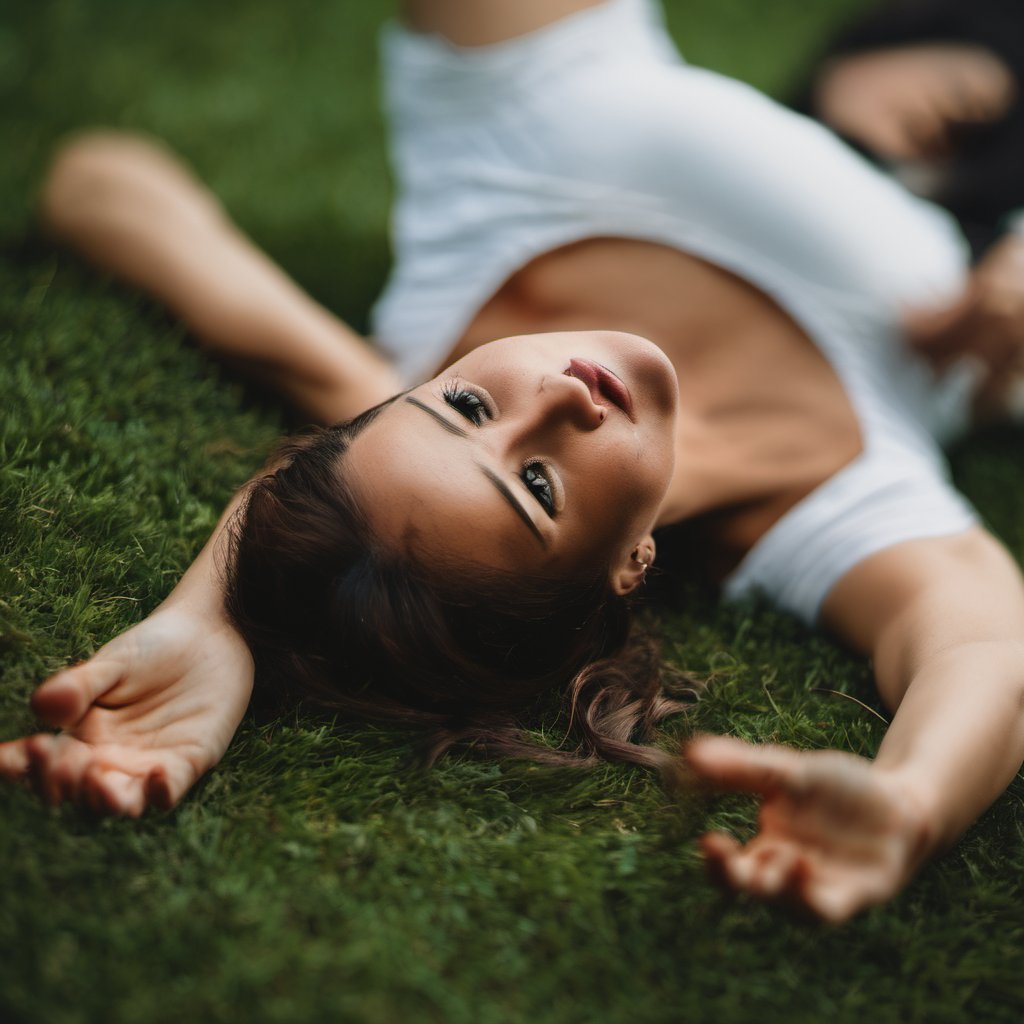 Photo of a woman laying on her back on grass.