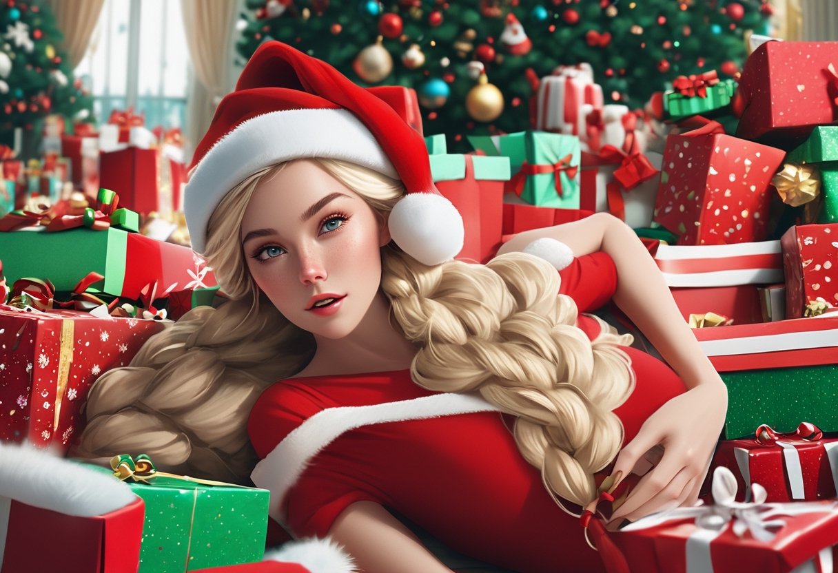 Cinematic Film Still, Pale Blonde Woman, freckles, braids, wearing Santa hat, laying down on her back in a giant pile of presents, in a mansion, raw photo, nikon