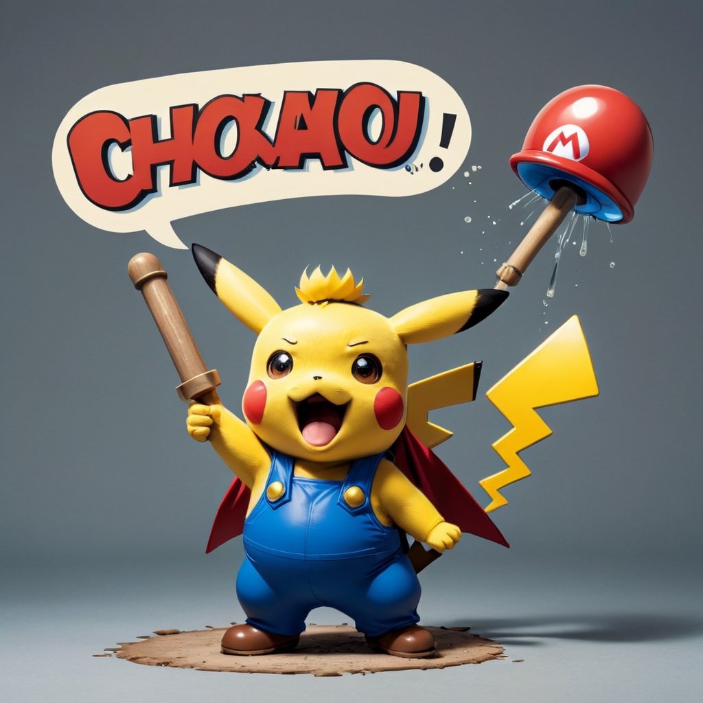 "404" TEXT LOGO. Pikachu dressed as Super Mario,  lifting a plunger. Comic strip speech bubble "404"