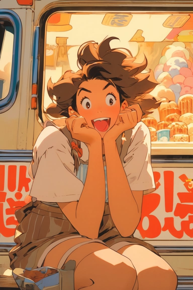 Anime Network, Woman, bored expression, yawning, sitting beside an icecream truck, art by Studio Ghibli, art by J.C. Leyendecker . anime style, key visual, vibrant, studio anime