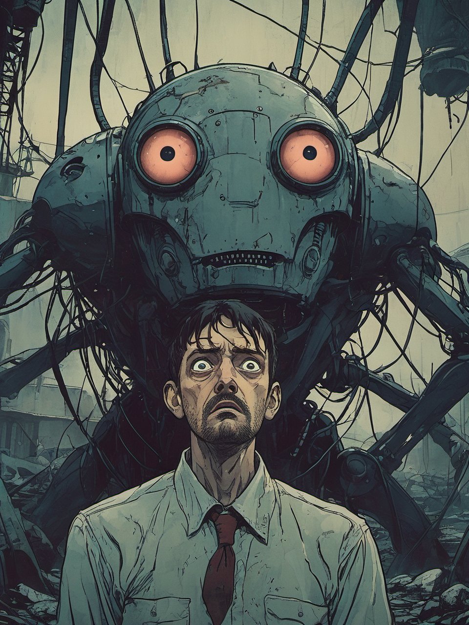 Closeup of a frightened narrator of War of the World, eyes wide open, Looking at a Martian Tripod Robot with three legs