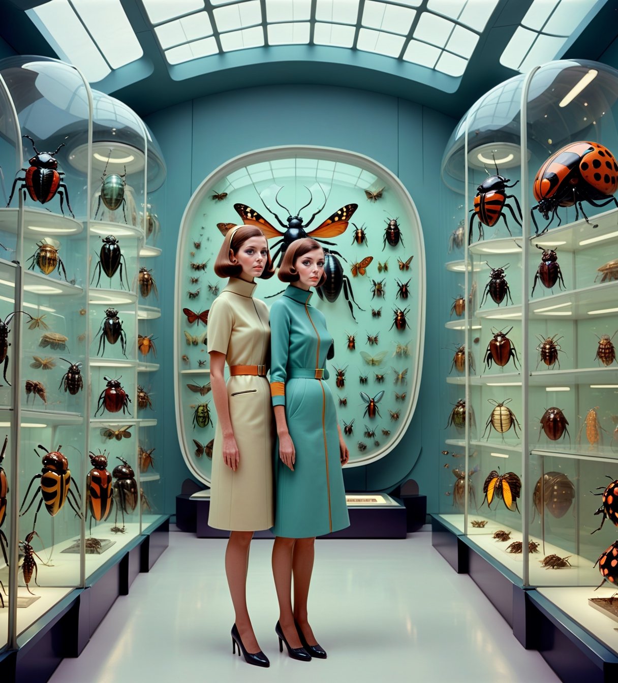 Woman, 1960s style clothing, standing in front of futuristic, space age, glass cases displaying collection of very large insects, beetles, spiders, butterflies, art by Wes Anderson
