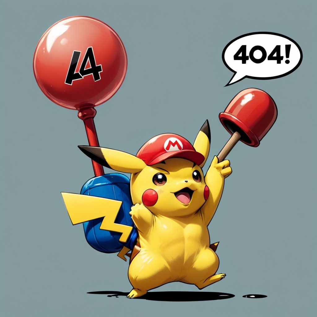 "404" TEXT LOGO. Pikachu dressed as Super Mario,  lifting a plunger. Comic strip speech bubble "404"