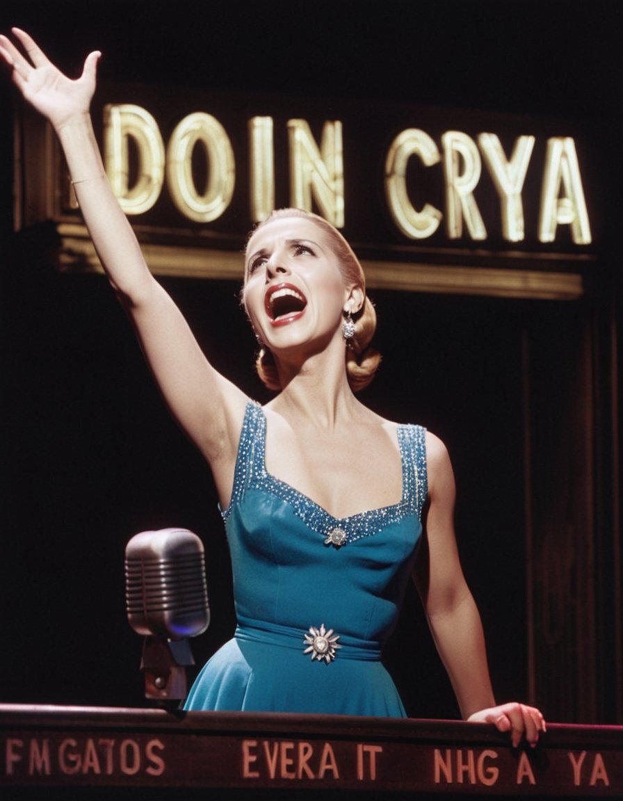 Color Photo of Eva Peron singing "Don't Cry for Me, Argentina" at a Broadway Musical, Stage Neon Sign says "Evita"