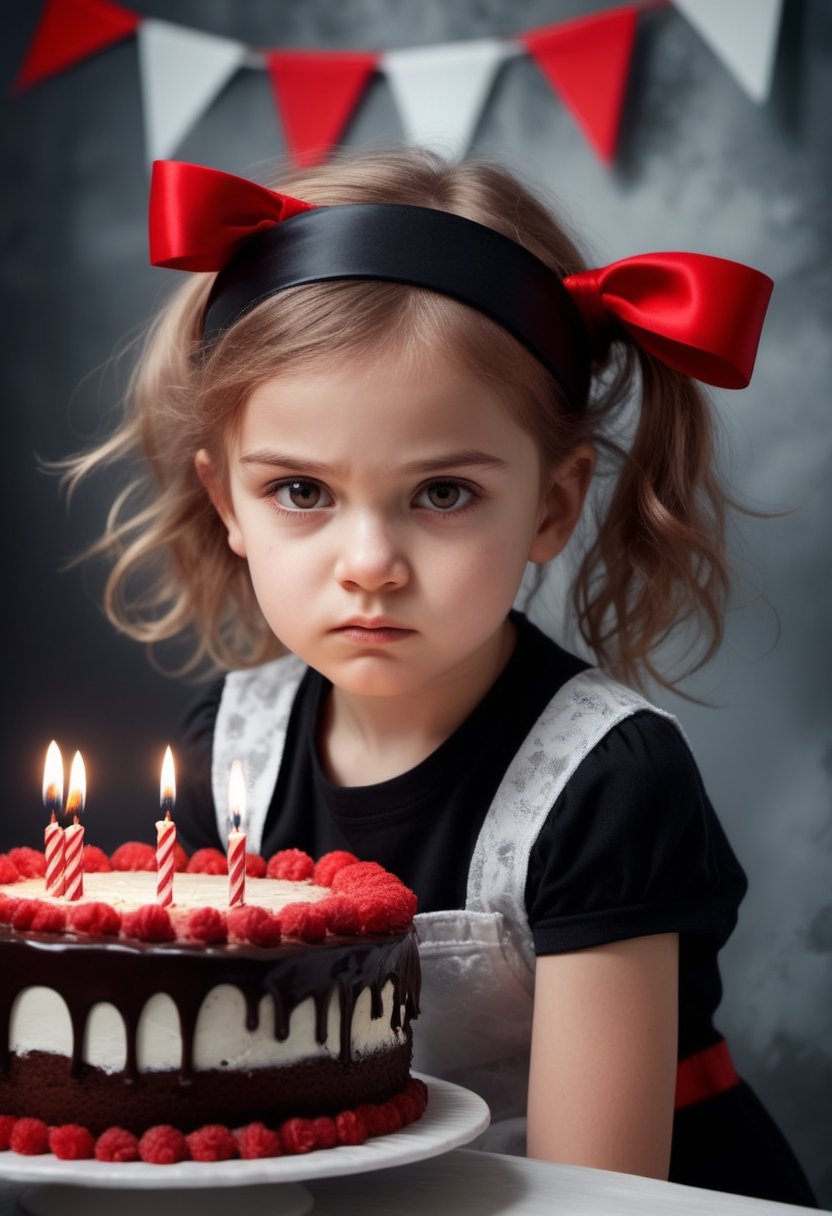 Portrait of a beautiful young girl wearing a headband bow and sitting behind a birthday cake. She has dark shadows under her eyes, an angry expression on her face, and flushed cheeks. In stark contrast to the festive occasion, she seems disconnected from the joy that surrounds her. Presents are visible in the background, adding to the surreal atmosphere. Her hair is a striking mix of red and black, drawing attention to her defiant stance. This image captures an intense moment where innocence meets anger.extremely high-resolution details, photographic, realism pushed to extreme, fine texture, 4k,  ultra-detailed, high quality, high contrast,