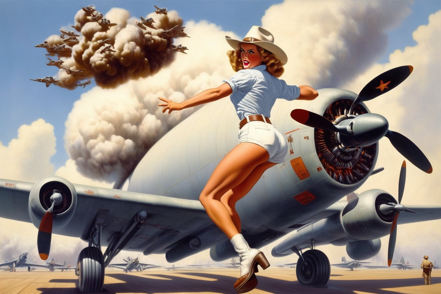 A cowgirl in white short shorts and fedora, riding a massive nuclear bomb as it is being dropped from a vintage bomber plane. The cowgirl holds onto the bomb with a determined expression, her hair flowing in the wind. The bomber plane is shown in the background, with its engines roaring and propellers spinning. 