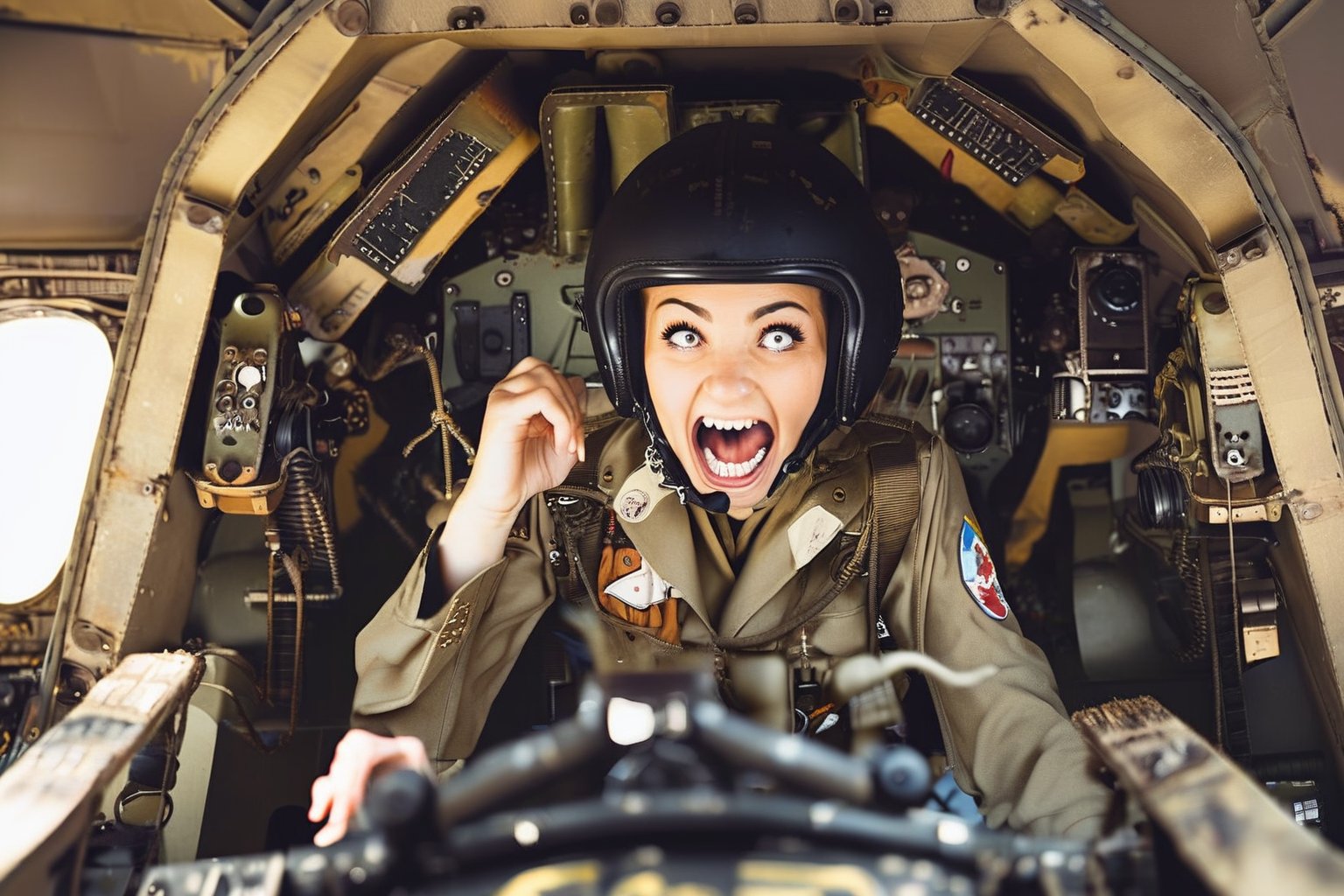 Photo,  Female pilot,  screaming,  inside cockpit,  ww2,  canon 5d mark 4, Kodak ektar, style by Masamune Shirow, style by J.C. Leyendecker