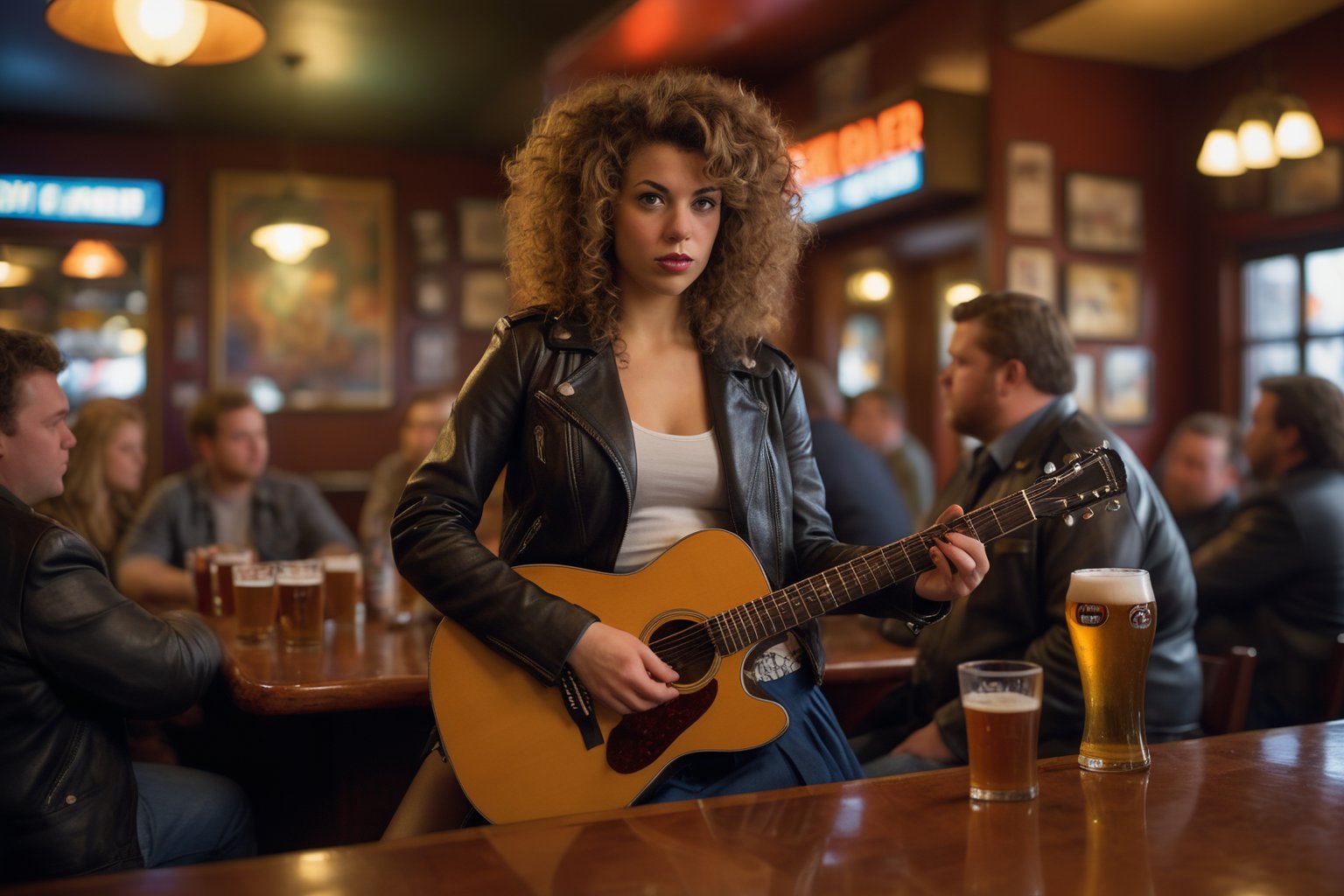 Prompt: Dutch Angle. Closeup Photo of a caucasian woman with curly hair, leather jacket and mini skirt playing guitar in a bar. Background is a fat man drinking beer. Style by J.C. Leyendecker. Canon 5d Mark 4, Kodak Ektar, 35mm 