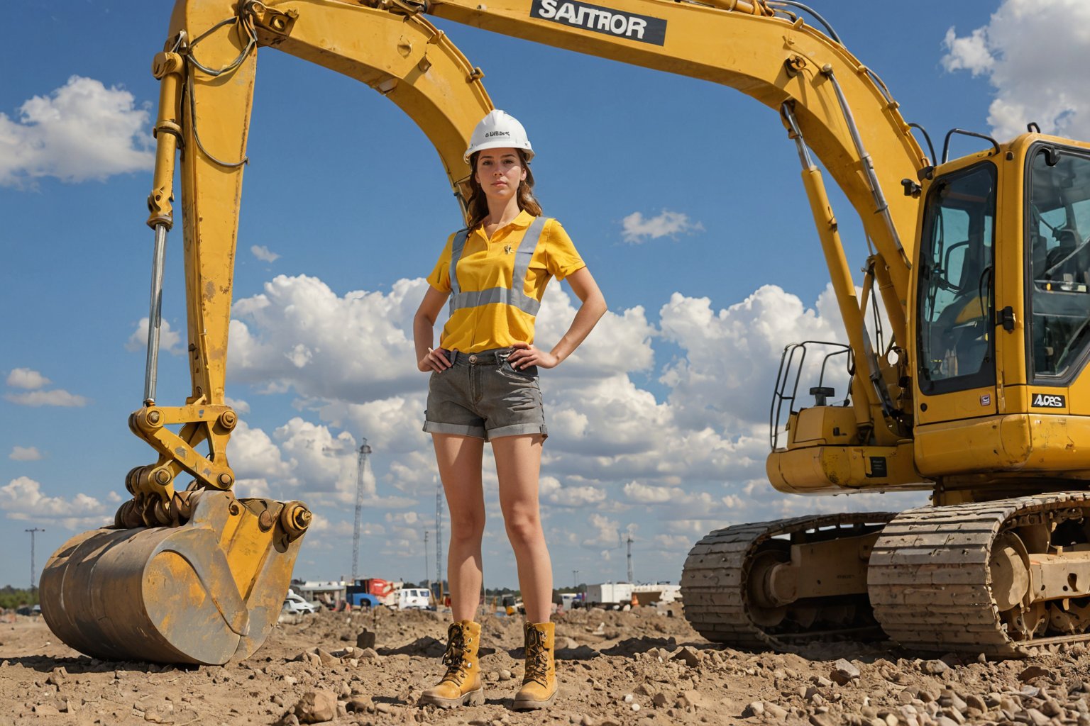 photograph of a female construction laborer standing confidently in front of a massive excavator. She is dressed in safety gear, with a white hard hat and a pair of short shorts, heavy boots. The excavator looms behind her, its metal frame and bright yellow color contrasting with the gray construction site. The sky above is a brilliant blue, with just a hint of clouds, and there's a sense of progress and achievement in her posture.