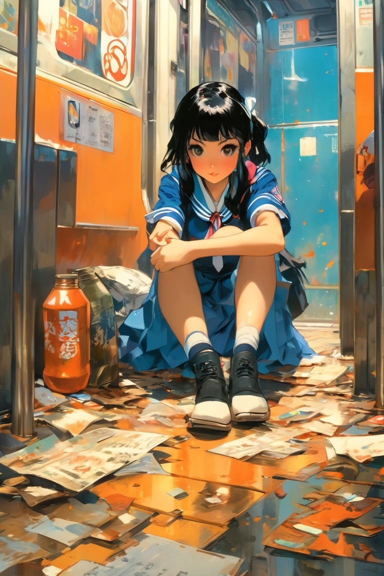 anime artwork, Japanese school girl, black straight hair, sailor uniform, sitting on subway, blue interior, rust, garbage on the floor, broken bottles, art by J.C. Leyendecker . anime style, key visual, vibrant, studio anime, highly detailed