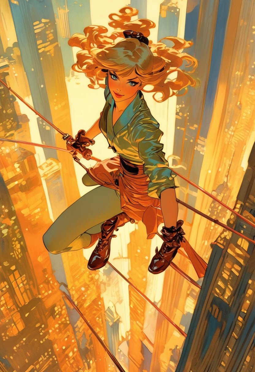 Anime Network,  woman tightrope walking on  skyscrapper,  art by J.C. Leyendecker. Anime artwork,  anime style,  key visual,  vibrant,  studio anime,  highly detailed