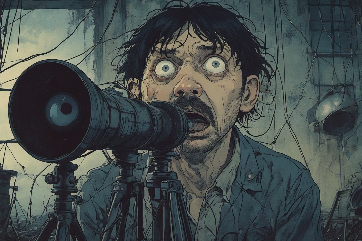 Closeup of a frightened narrator of War of the World, eyes wide open, Looking at a Tripod with three legs