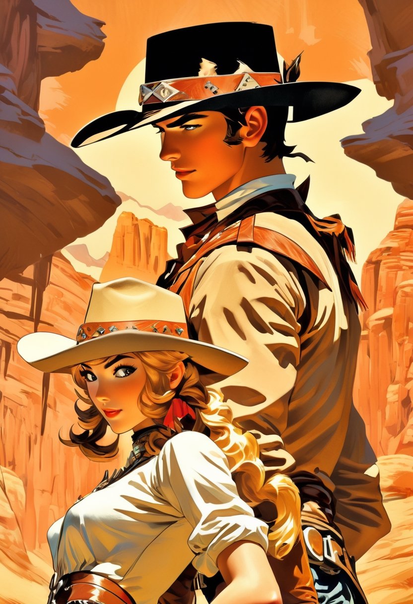 Anime artwork. Couple in the wild west, coboy hat, art by J.C. Leyendecker, anime style, key visual, vibrant, studio anime,  highly detailed,LaxpeintXL