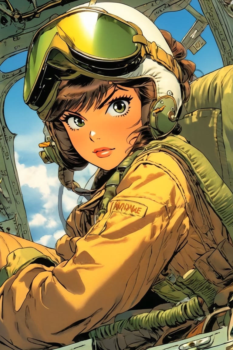 Anime Network, Female WW2 Pilot, bored expression, sitting inside fighter airplane, art by Masamune Shirow. Anime style, key visual, vibrant, studio anime