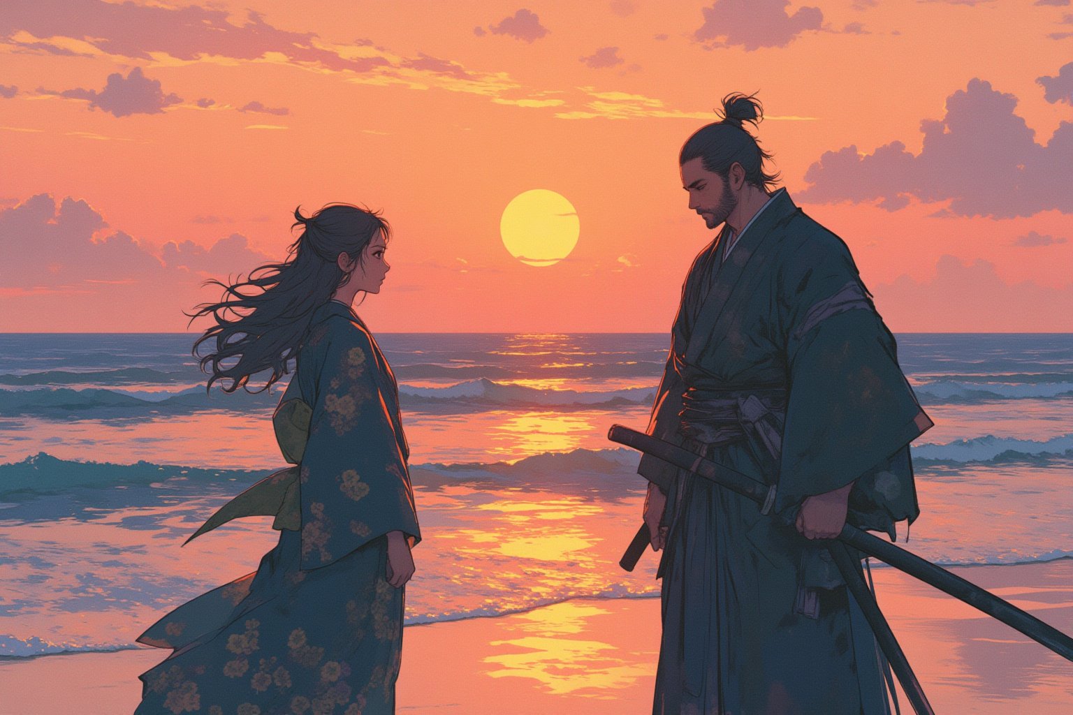 Illustrate a deeply emotional and dramatic scene between a ronin and his girlfriend at a seaside, set during their final goodbye. The ronin, dressed in worn-out traditional samurai robes, stands solemnly with his hand resting on the hilt of his katana. His girlfriend, wearing a flowing kimono, stands far apart from him, her expression filled with sorrow and longing. They are gazing intensely at each other, the distance between them symbolizing the emotional rift as they say their farewells. The backdrop is a serene, yet melancholic, seaside with waves gently lapping at the shore, and the setting sun casting long shadows and a golden glow over the scene. The sky is painted with hues of orange and pink, adding to the bittersweet atmosphere. The overall composition captures the profound emotion of separation and unspoken love.